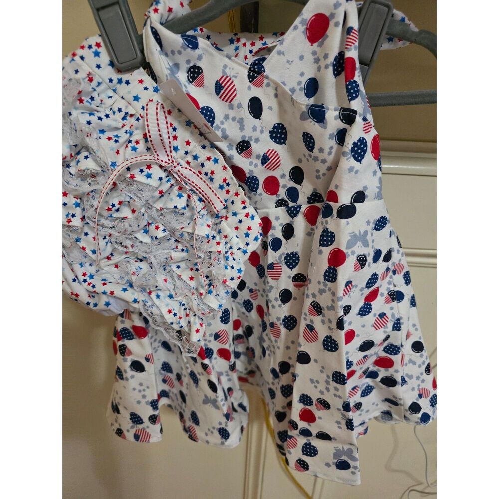 Patriotic 4th of July Dress and Matching Lacy Bloomers with Ribbon Accent SZ 12M